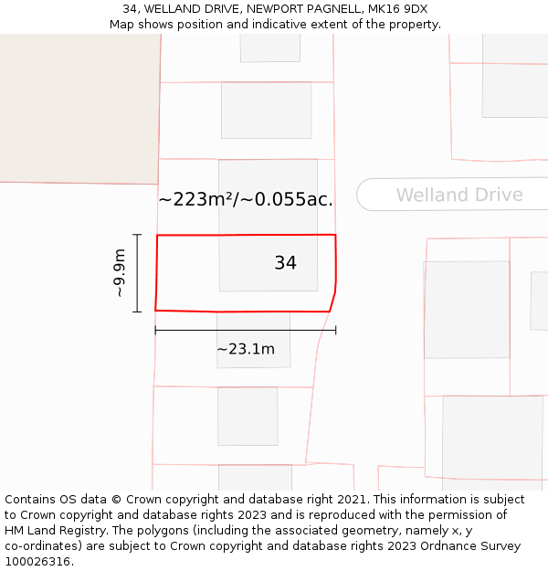 34, WELLAND DRIVE, NEWPORT PAGNELL, MK16 9DX: Plot and title map