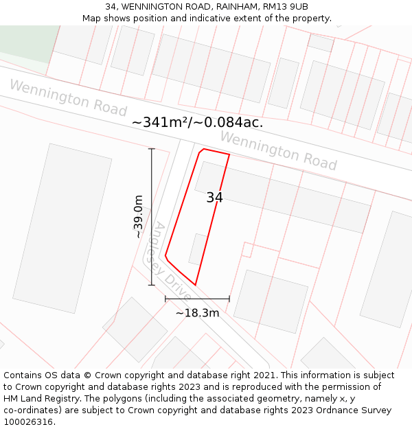 34, WENNINGTON ROAD, RAINHAM, RM13 9UB: Plot and title map