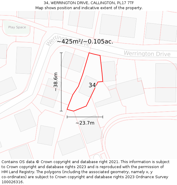 34, WERRINGTON DRIVE, CALLINGTON, PL17 7TF: Plot and title map