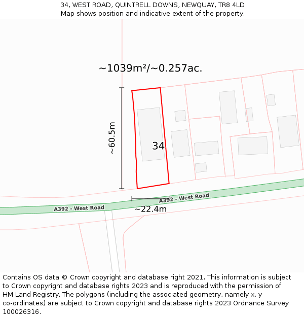 34, WEST ROAD, QUINTRELL DOWNS, NEWQUAY, TR8 4LD: Plot and title map