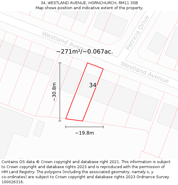 34, WESTLAND AVENUE, HORNCHURCH, RM11 3SB: Plot and title map