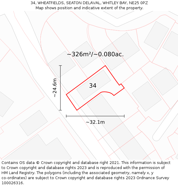 34, WHEATFIELDS, SEATON DELAVAL, WHITLEY BAY, NE25 0PZ: Plot and title map