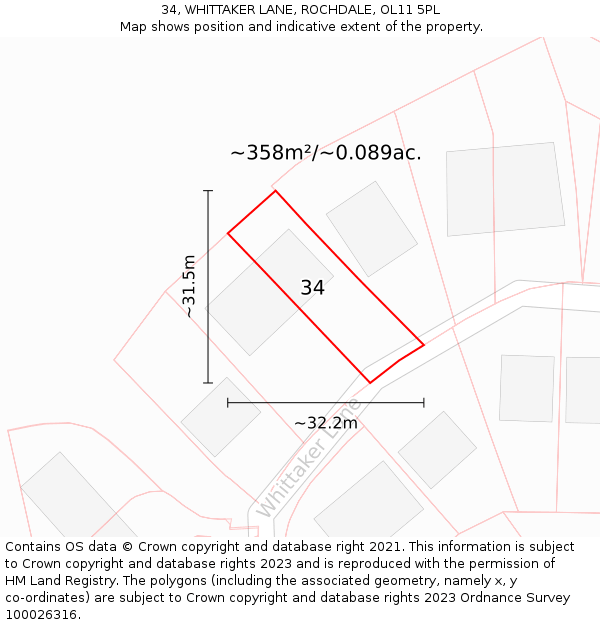 34, WHITTAKER LANE, ROCHDALE, OL11 5PL: Plot and title map