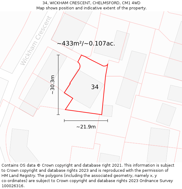 34, WICKHAM CRESCENT, CHELMSFORD, CM1 4WD: Plot and title map