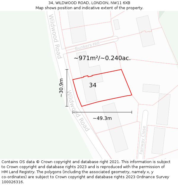 34, WILDWOOD ROAD, LONDON, NW11 6XB: Plot and title map