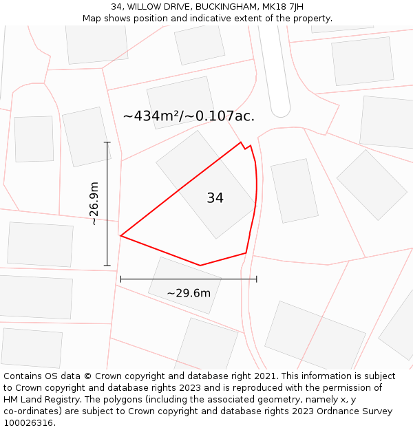 34, WILLOW DRIVE, BUCKINGHAM, MK18 7JH: Plot and title map