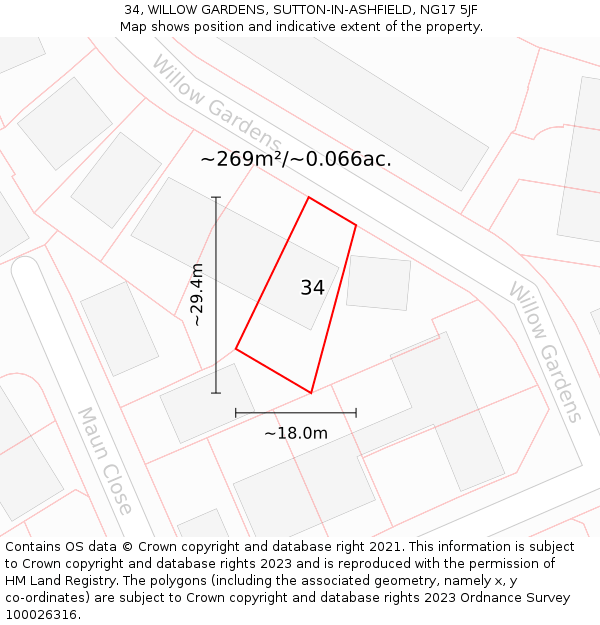 34, WILLOW GARDENS, SUTTON-IN-ASHFIELD, NG17 5JF: Plot and title map