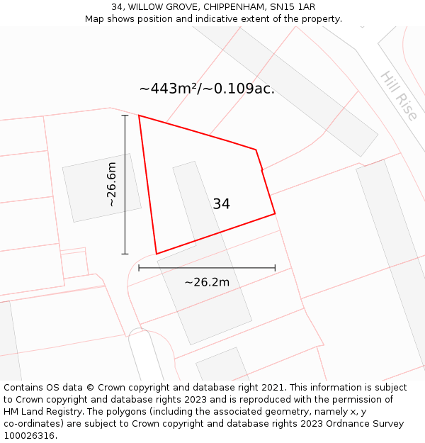 34, WILLOW GROVE, CHIPPENHAM, SN15 1AR: Plot and title map