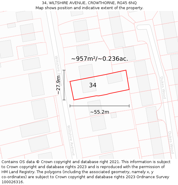 34, WILTSHIRE AVENUE, CROWTHORNE, RG45 6NQ: Plot and title map