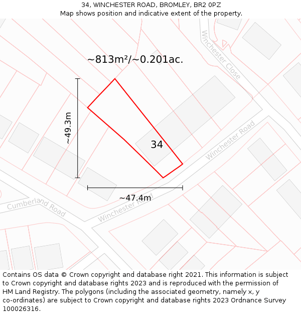34, WINCHESTER ROAD, BROMLEY, BR2 0PZ: Plot and title map