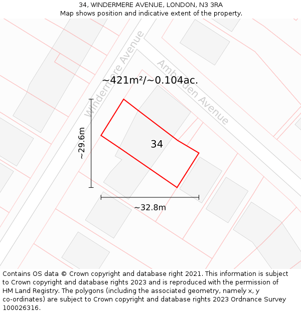 34, WINDERMERE AVENUE, LONDON, N3 3RA: Plot and title map