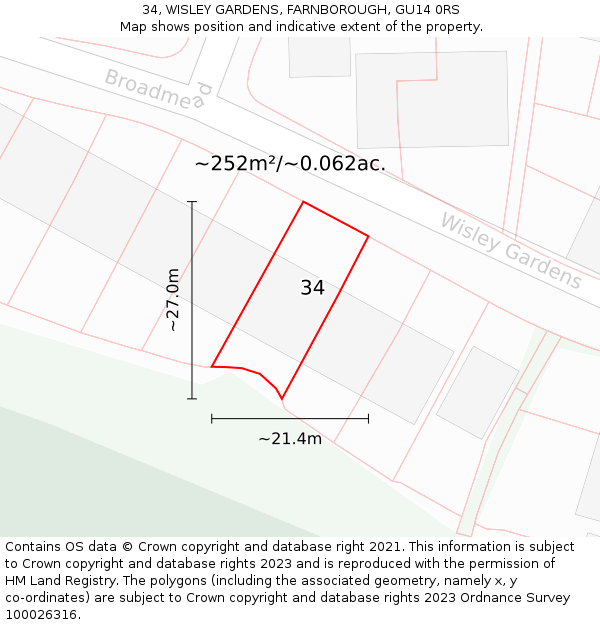 34, WISLEY GARDENS, FARNBOROUGH, GU14 0RS: Plot and title map