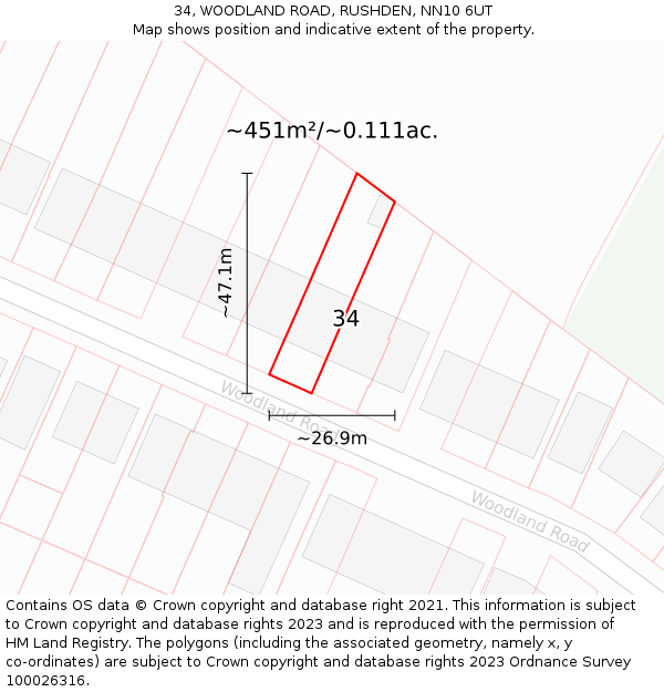 34, WOODLAND ROAD, RUSHDEN, NN10 6UT: Plot and title map