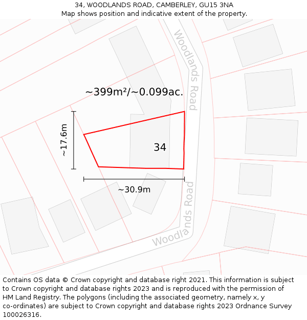 34, WOODLANDS ROAD, CAMBERLEY, GU15 3NA: Plot and title map