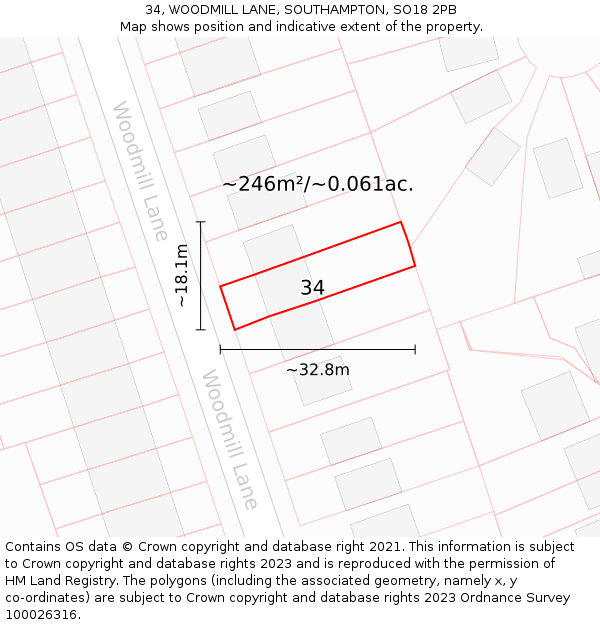 34, WOODMILL LANE, SOUTHAMPTON, SO18 2PB: Plot and title map