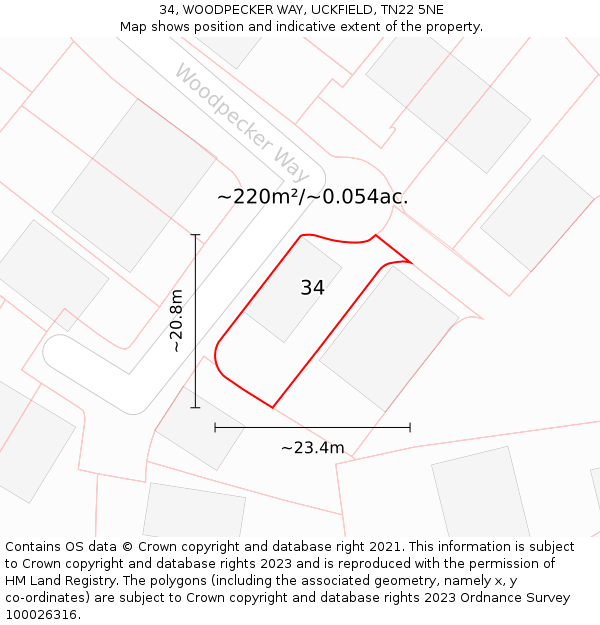 34, WOODPECKER WAY, UCKFIELD, TN22 5NE: Plot and title map