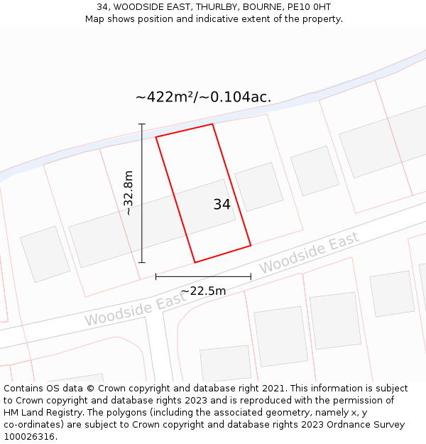 34, WOODSIDE EAST, THURLBY, BOURNE, PE10 0HT: Plot and title map