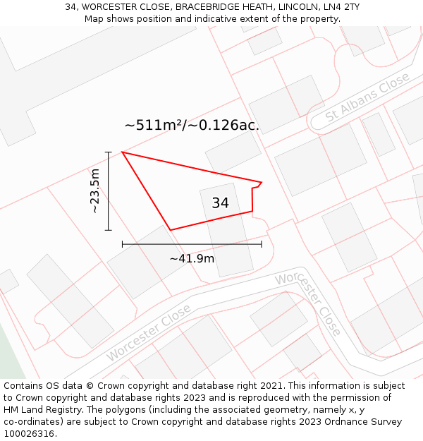 34, WORCESTER CLOSE, BRACEBRIDGE HEATH, LINCOLN, LN4 2TY: Plot and title map