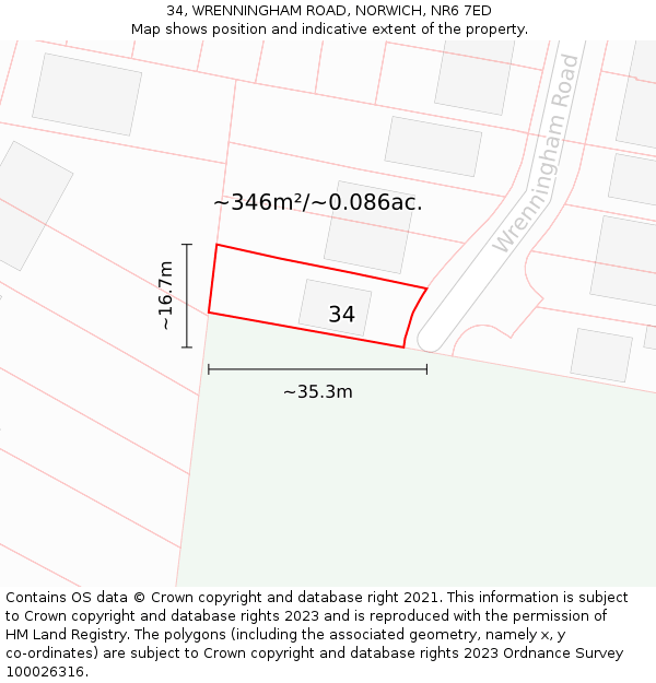 34, WRENNINGHAM ROAD, NORWICH, NR6 7ED: Plot and title map