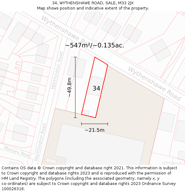 34, WYTHENSHAWE ROAD, SALE, M33 2JX: Plot and title map