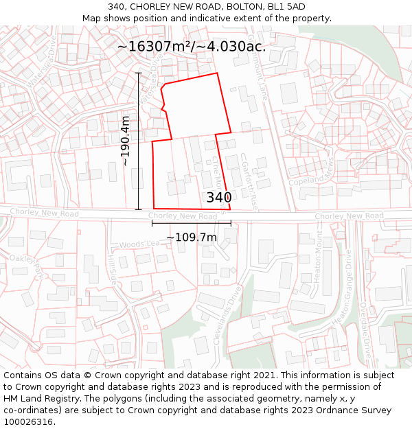 340, CHORLEY NEW ROAD, BOLTON, BL1 5AD: Plot and title map