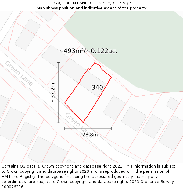 340, GREEN LANE, CHERTSEY, KT16 9QP: Plot and title map