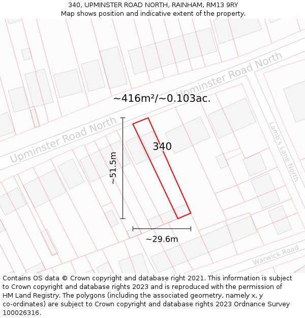 340, UPMINSTER ROAD NORTH, RAINHAM, RM13 9RY: Plot and title map