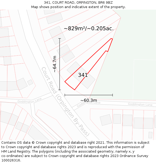 341, COURT ROAD, ORPINGTON, BR6 9BZ: Plot and title map