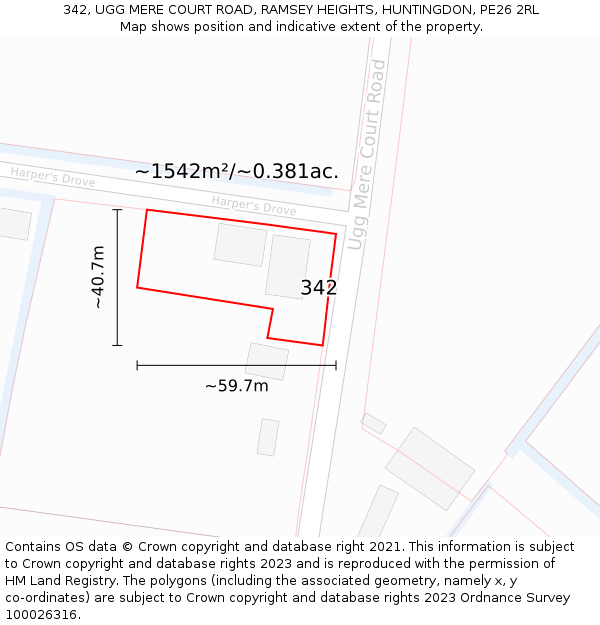 342, UGG MERE COURT ROAD, RAMSEY HEIGHTS, HUNTINGDON, PE26 2RL: Plot and title map