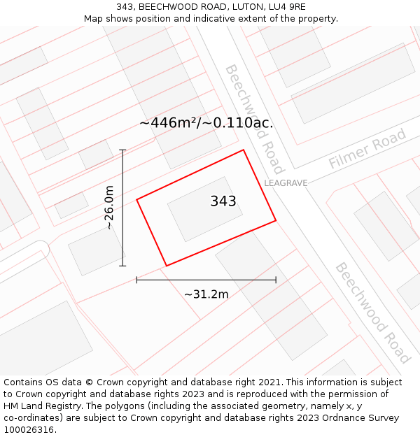 343, BEECHWOOD ROAD, LUTON, LU4 9RE: Plot and title map