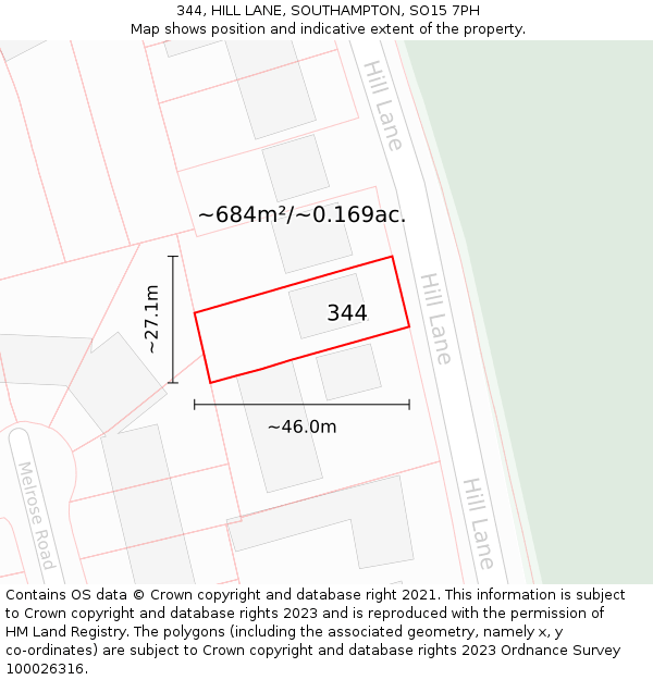 344, HILL LANE, SOUTHAMPTON, SO15 7PH: Plot and title map