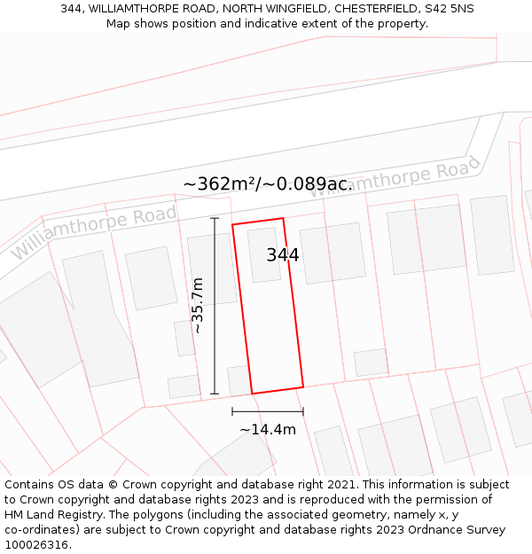 344, WILLIAMTHORPE ROAD, NORTH WINGFIELD, CHESTERFIELD, S42 5NS: Plot and title map