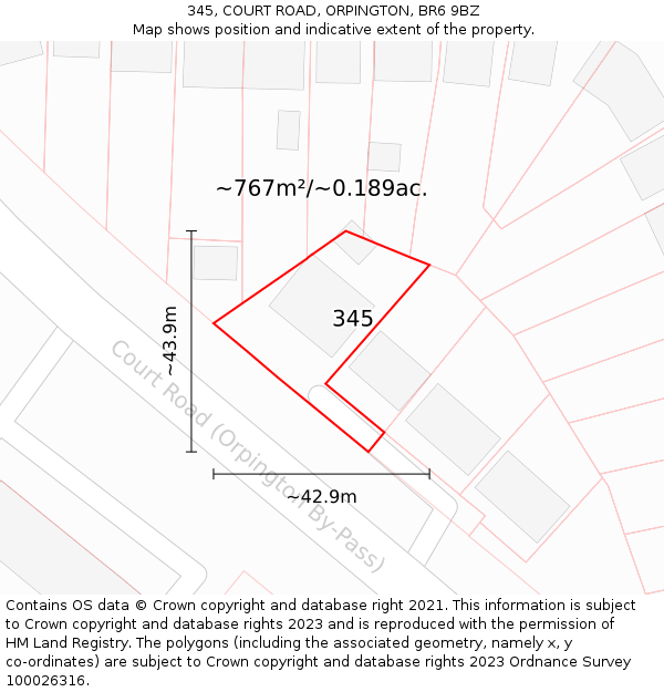 345, COURT ROAD, ORPINGTON, BR6 9BZ: Plot and title map