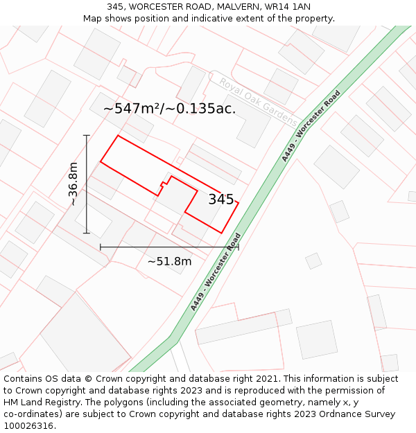 345, WORCESTER ROAD, MALVERN, WR14 1AN: Plot and title map