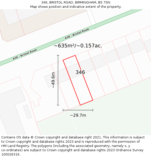 346, BRISTOL ROAD, BIRMINGHAM, B5 7SN: Plot and title map