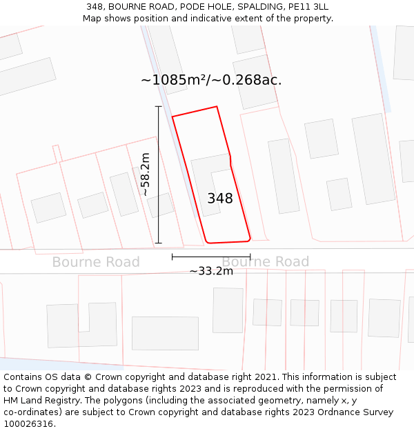 348, BOURNE ROAD, PODE HOLE, SPALDING, PE11 3LL: Plot and title map