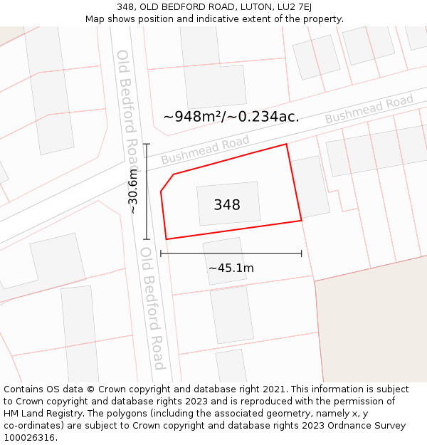 348, OLD BEDFORD ROAD, LUTON, LU2 7EJ: Plot and title map