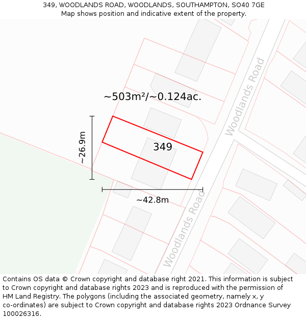 349, WOODLANDS ROAD, WOODLANDS, SOUTHAMPTON, SO40 7GE: Plot and title map