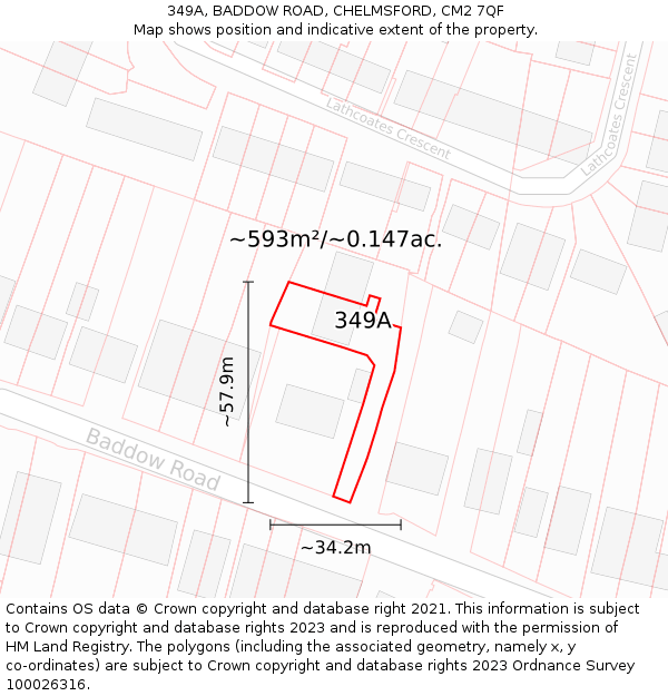 349A, BADDOW ROAD, CHELMSFORD, CM2 7QF: Plot and title map