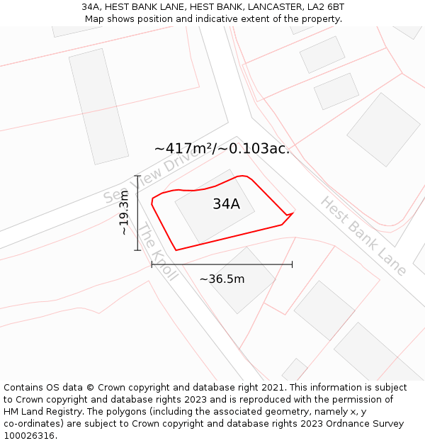 34A, HEST BANK LANE, HEST BANK, LANCASTER, LA2 6BT: Plot and title map