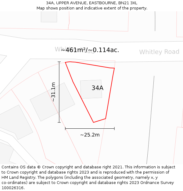34A, UPPER AVENUE, EASTBOURNE, BN21 3XL: Plot and title map
