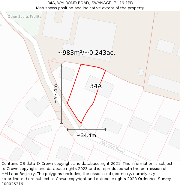 34A, WALROND ROAD, SWANAGE, BH19 1PD: Plot and title map