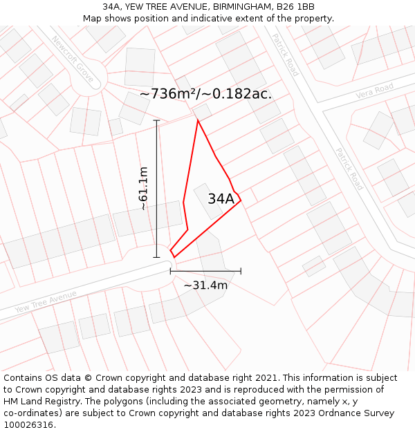 34A, YEW TREE AVENUE, BIRMINGHAM, B26 1BB: Plot and title map