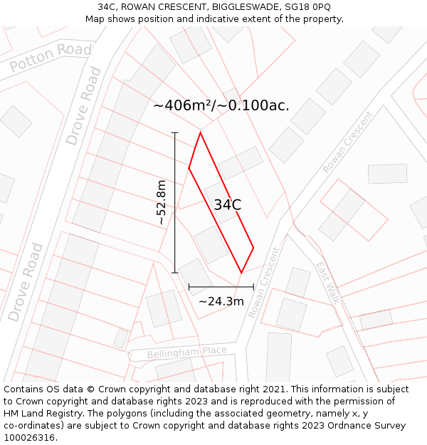 34C, ROWAN CRESCENT, BIGGLESWADE, SG18 0PQ: Plot and title map