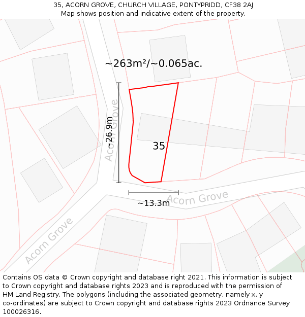 35, ACORN GROVE, CHURCH VILLAGE, PONTYPRIDD, CF38 2AJ: Plot and title map