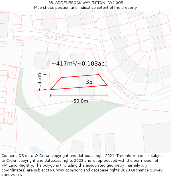 35, ADDENBROOK WAY, TIPTON, DY4 0QB: Plot and title map