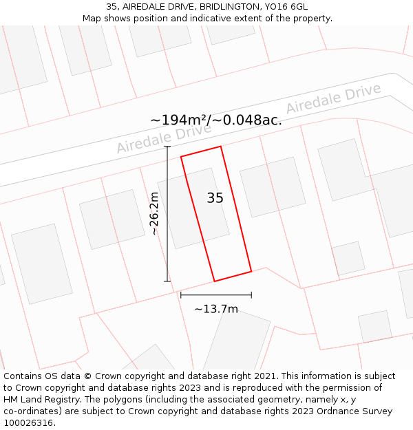 35, AIREDALE DRIVE, BRIDLINGTON, YO16 6GL: Plot and title map