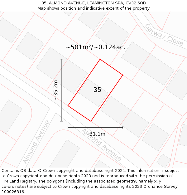 35, ALMOND AVENUE, LEAMINGTON SPA, CV32 6QD: Plot and title map