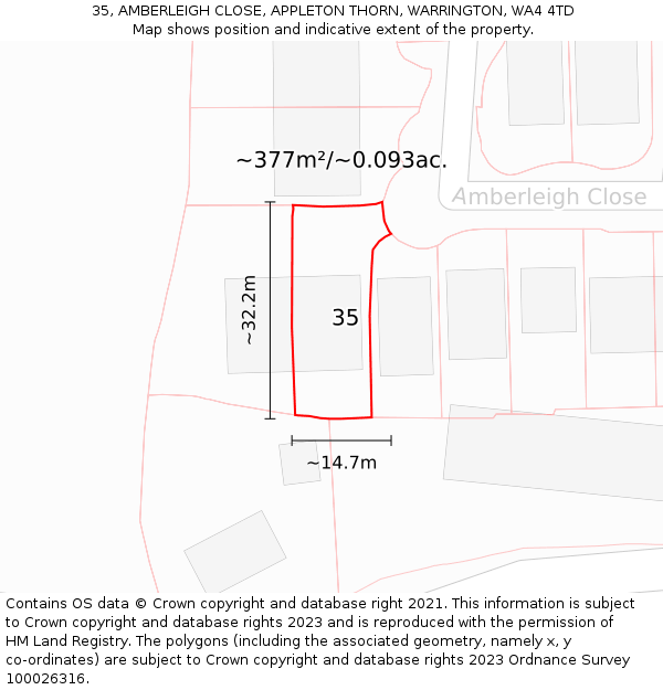 35, AMBERLEIGH CLOSE, APPLETON THORN, WARRINGTON, WA4 4TD: Plot and title map