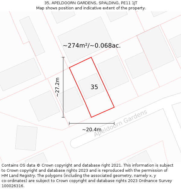 35, APELDOORN GARDENS, SPALDING, PE11 1JT: Plot and title map